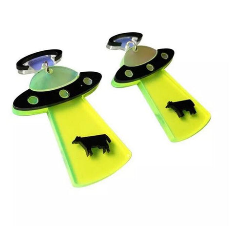 Neon Flying Saucer UFO Alien Earrings