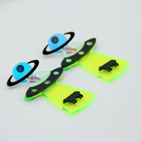 Neon Flying Saucer UFO Alien Earrings