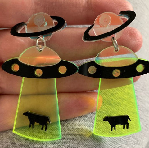 Neon Flying Saucer UFO Alien Earrings