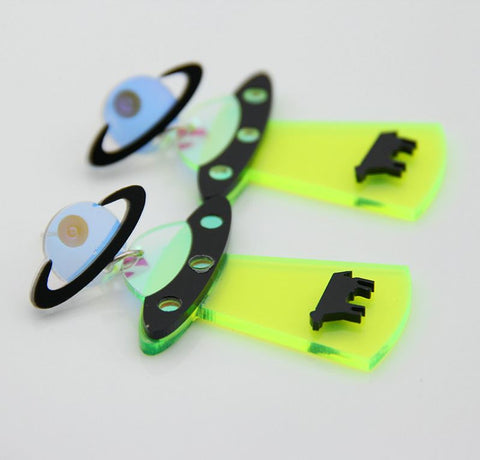Neon Flying Saucer UFO Alien Earrings