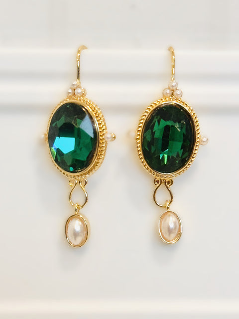 Faceted Green Pearl Drop Gold Vintage Grecian Earrings