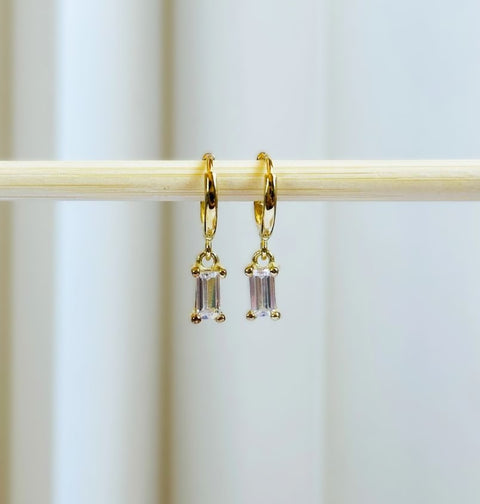 Gold Huggie Earrings Light Pink Baguette Sparkly Charm