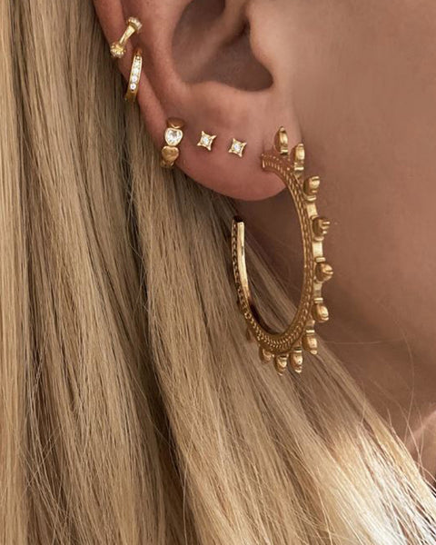 Large Gold Hoops Earrings on Studs Sun Greek Latin Style