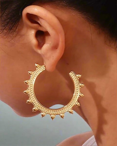 Large Gold Hoops Earrings on Studs Sun Greek Latin Style