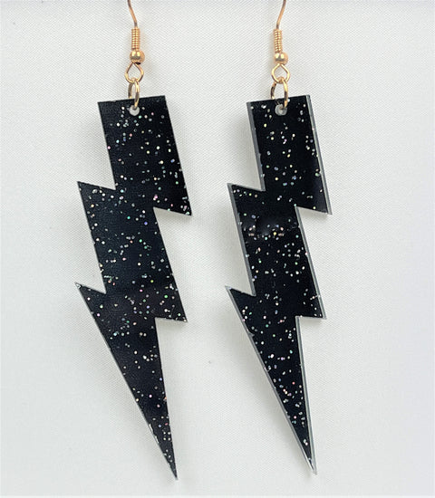 Black Glitter Lightning Bolt Earrings