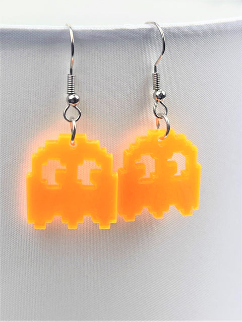 Neon Orange Pac-Man Clyde Ghost Earrings