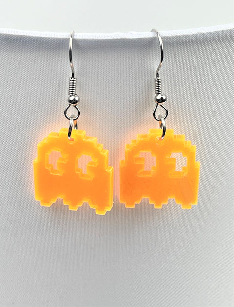 Neon Orange Pac-Man Clyde Ghost Earrings