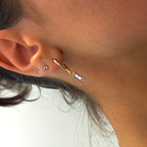 Gold Huggie Earrings Light Pink Baguette Sparkly Charm