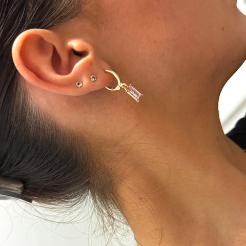 Gold Huggie Earrings Light Pink Baguette Sparkly Charm