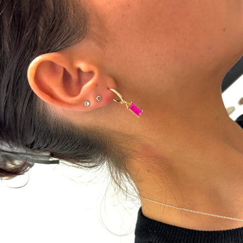 Gold Huggie Earrings Hot Pink Baguette Sparkly Charm