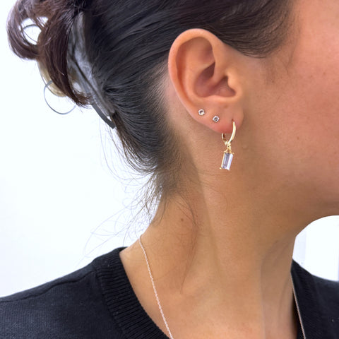 Gold Huggie Earrings Purple Baguette Sparkly Charm