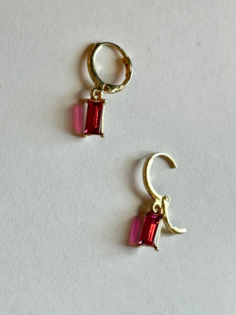 Gold Huggie Earrings Hot Pink Baguette Sparkly Charm