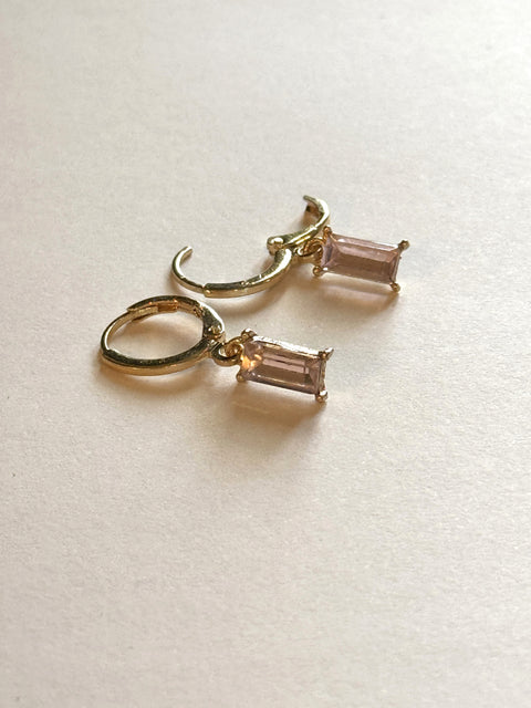 Gold Huggie Earrings Light Pink Baguette Sparkly Charm
