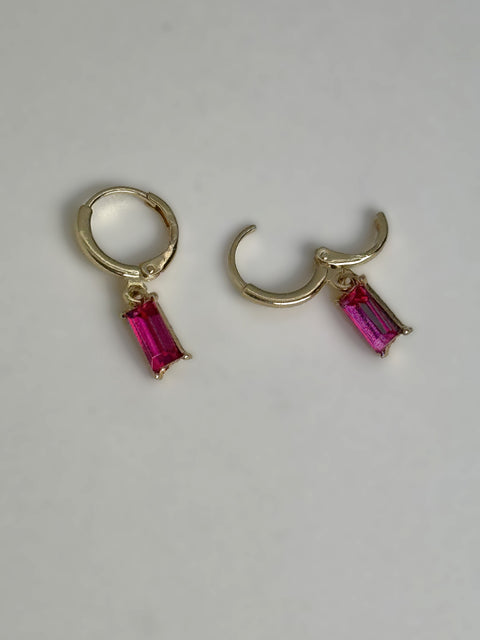 Gold Huggie Earrings Hot Pink Baguette Sparkly Charm
