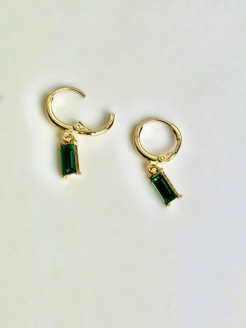 Gold Huggie Earrings Green Baguette Sparkly Charm