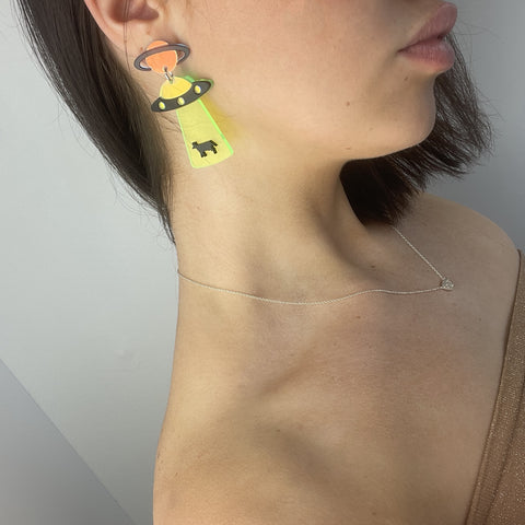 Neon Flying Saucer UFO Alien Earrings