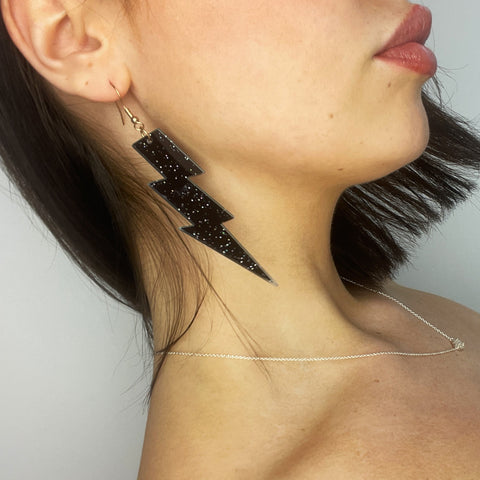 Black Glitter Lightning Bolt Earrings