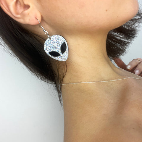 Silver Glitter Alien Earrings