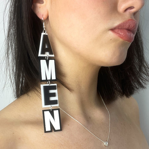 Huge Long Amen Black & White Earrings