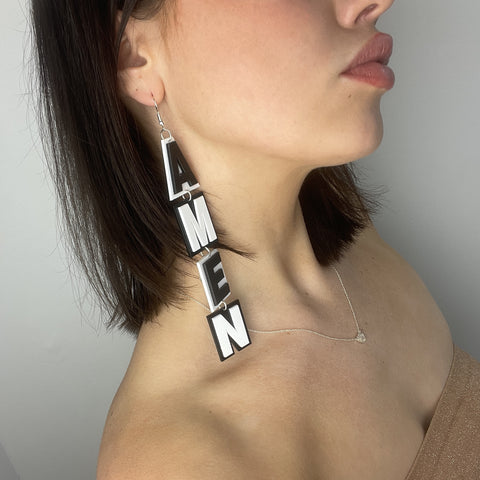 Huge Long Amen Black & White Earrings
