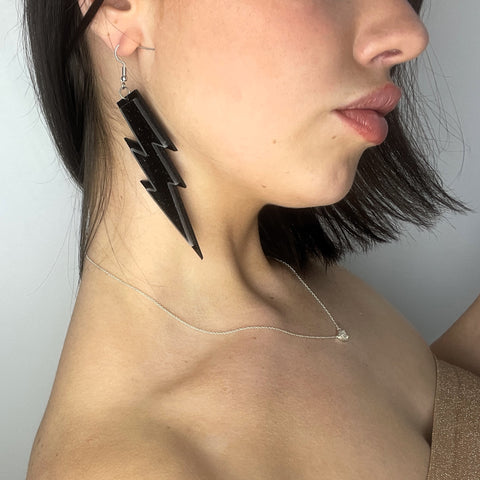 Big Black Glitter Lightning Bolt Earrings