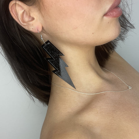 Big Black Glitter Lightning Bolt Earrings