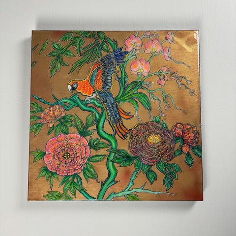 Macaw Parrot Peonies Roses Painting