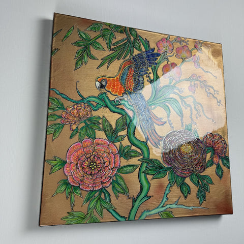 Macaw Parrot Peonies Roses Painting