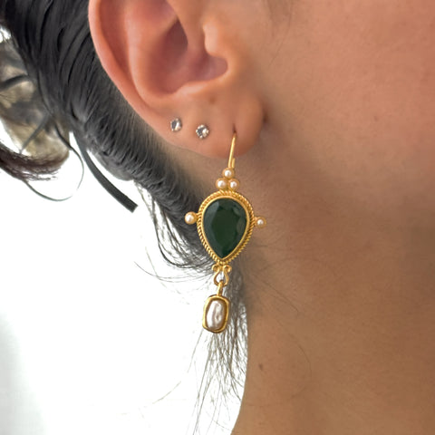 Green Pearl Drop Gold Vintage Roman Earrings