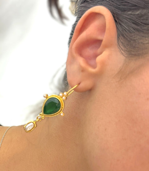 Green Pearl Drop Gold Vintage Roman Earrings