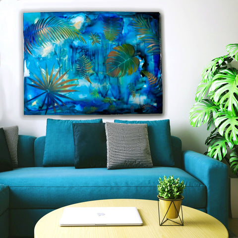 Waterfall Blue Leaves Painting