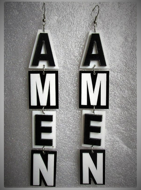 Huge Long Amen Black & White Earrings