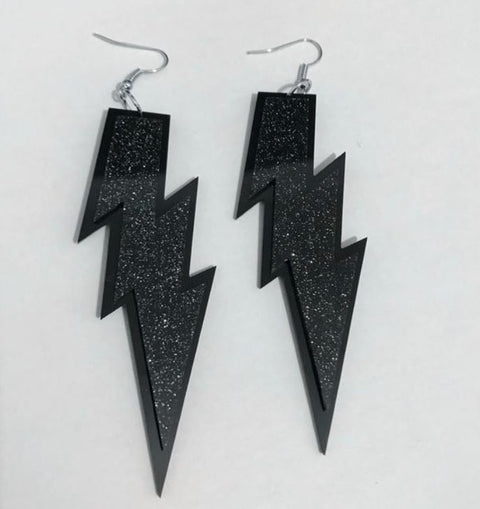 Big Black Glitter Lightning Bolt Earrings