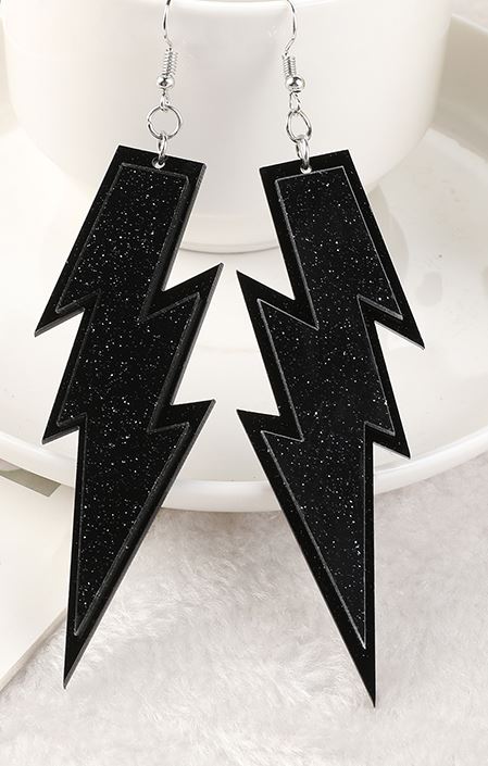 Big Black Glitter Lightning Bolt Earrings