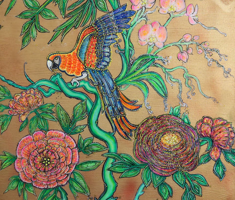 Macaw Parrot Peonies Roses Painting