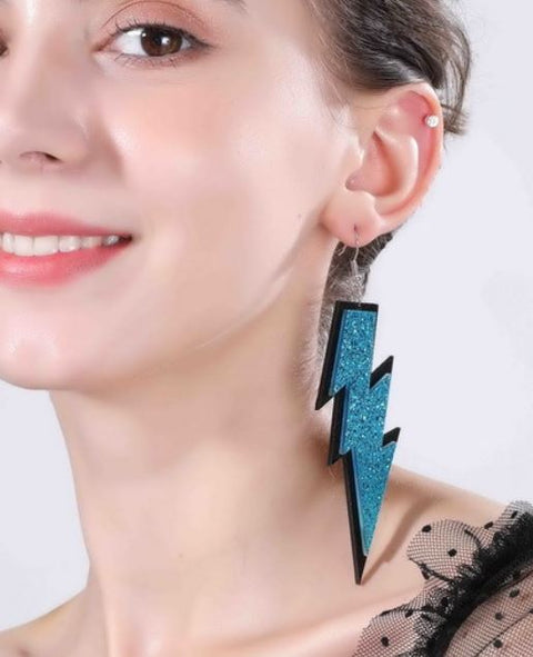 Turquoise Blue Glitter Lightning Bolt Earrings