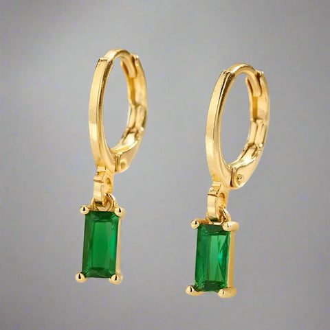 Dainty Emerald Green Baguette Gold Huggie Sleeper Earrings