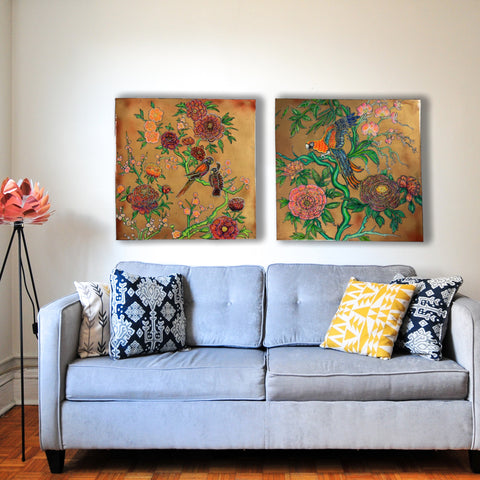 Macaw Parrot Peonies Roses Painting
