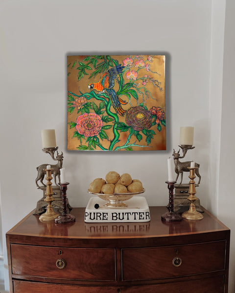 Macaw Parrot Peonies Roses Painting