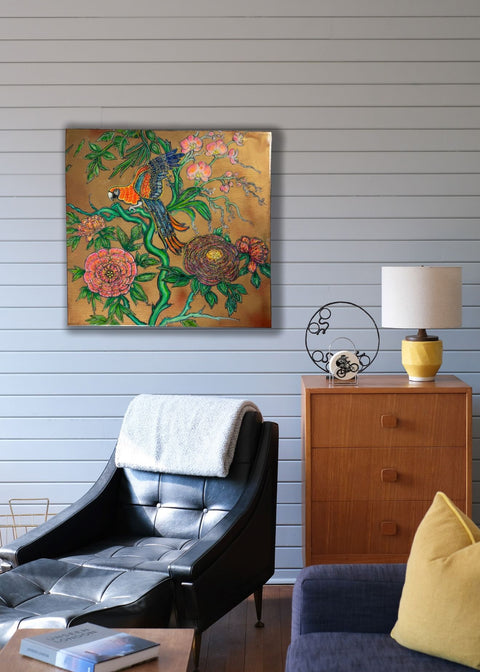 Macaw Parrot Peonies Roses Painting