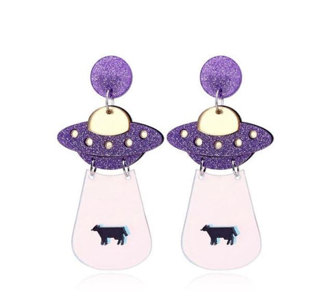 Purple Flying Saucer UFO Alien Earrings