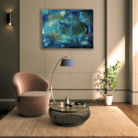 Waterfall Blue Leaves Painting