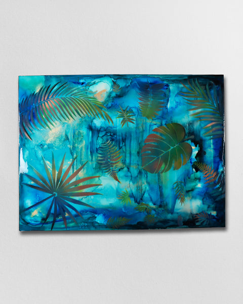 Waterfall Blue Leaves Painting
