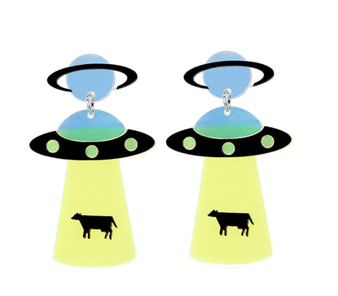 Neon Flying Saucer UFO Alien Earrings