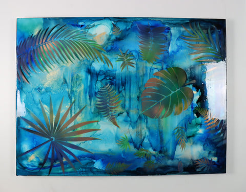 Waterfall Blue Leaves Painting