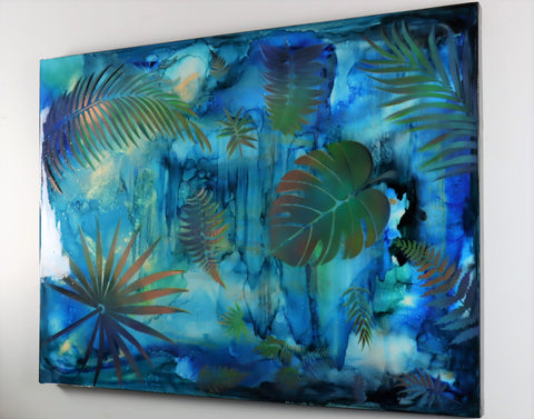 Waterfall Blue Leaves Painting