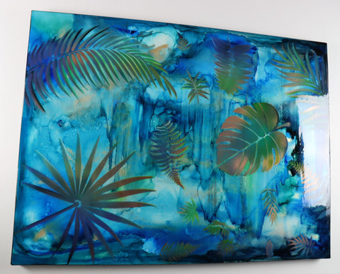 Waterfall Blue Leaves Painting