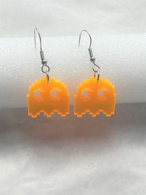 Neon Orange Pac-Man Clyde Ghost Earrings