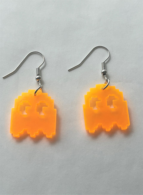 Neon Orange Pac-Man Clyde Ghost Earrings