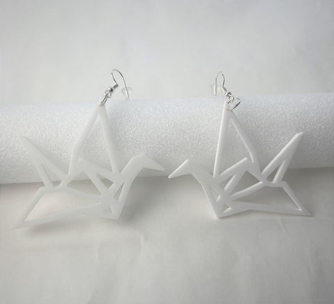White Geometric Swan Earrings
